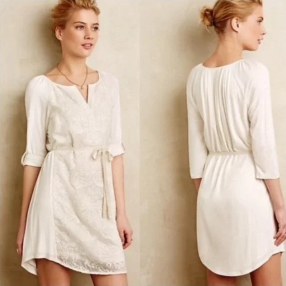 Anthropologie TINY "Paperwhites" Ivory Embroidered Shirtdress